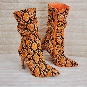 Brand New Envy Sexy Orange Snake Scrunch Shaft High Heel Mid Calf Boots